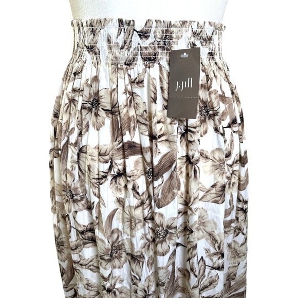 J Jill Creme Brown Floral Skirt Size Medium Hi Low Midi Faux Wrap Elastic Waist - Picture 11 of 15
